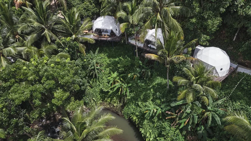 Zelte des Lintang Luku Tent Resort zwischen Palmen in Licin